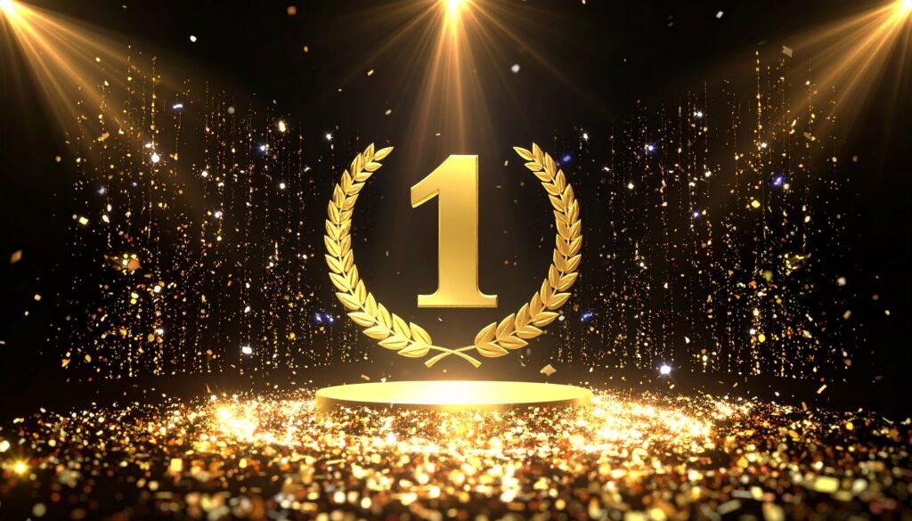 Number One Gold Stage Background with Laurels and Glitter 黒背景に優勝No1の金色の月桂冠の浮かぶステージ デジタルイラスト - SEMICON.TODAY Golden number one on a laurel wreath, on a pedestal with confetti and bright stage lights around.