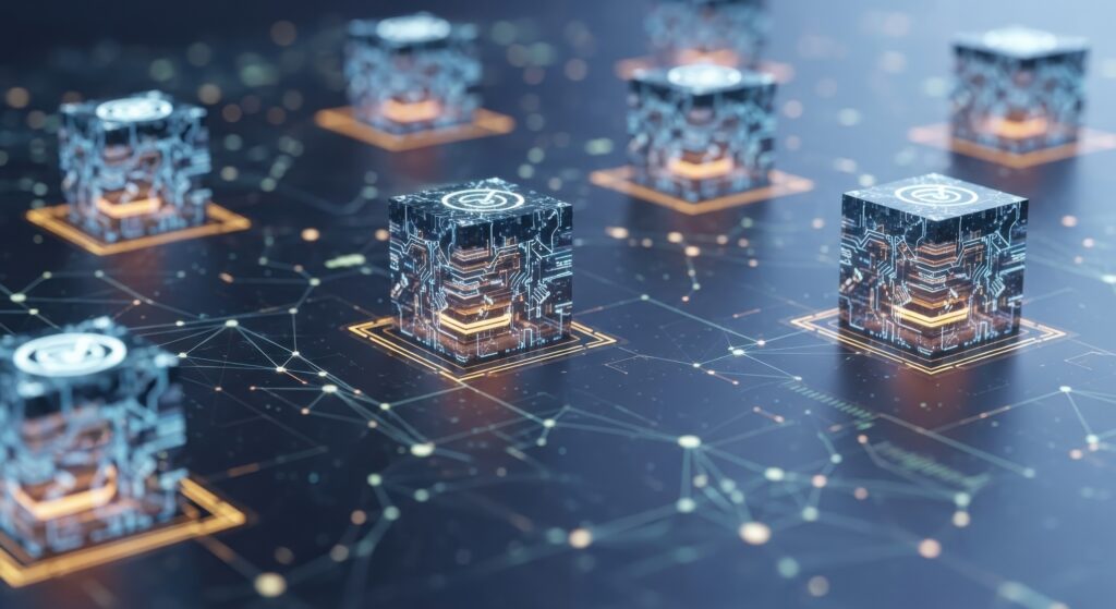 Multiple microchips are arranged on a dark surface with orange accents and interconnected circuitry - SEMICON.TODAY Futuristic holographic cubes with circuitry glowing on a dark grid, orange accents.