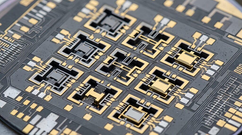 Extreme close-up macro photograph showcasing complex micro-electromechanical systems fabrication on silicon wafer technology - SEMICON.TODAY Close-up of a printed circuit board with gold-plated contacts and intricate blue-gray circuitry.