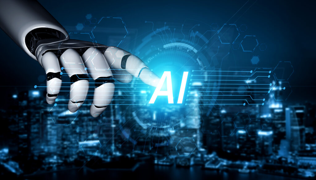 AI core chip powering machine learning systems Corpus - SEMICON.TODAY Robotic hand reaching toward a glowing AI symbol in a futuristic blue digital background.