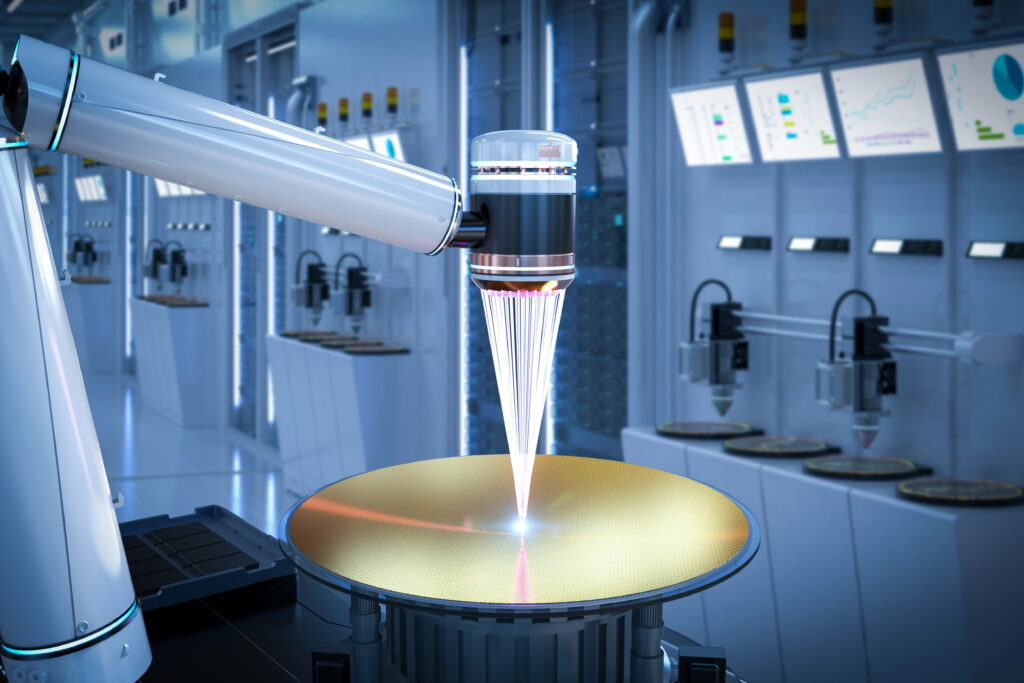 Industrial robotic arm depositing a glowing beam onto a circular golden disc in a high-tech lab