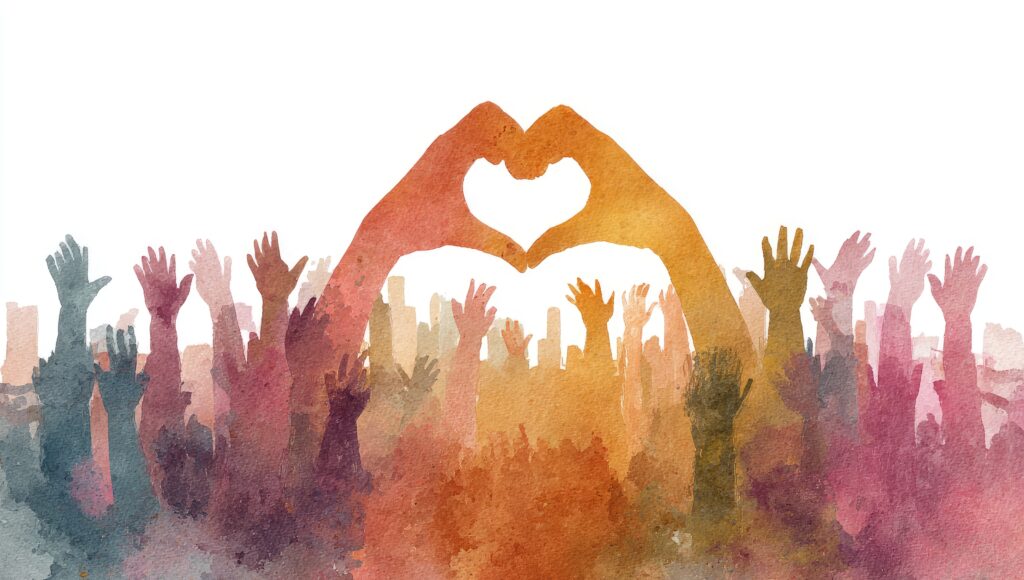 Diverse Crowd Forming Heart Shape with Hands Symbolizing Unity and Love - SEMICON.TODAY Colorful crowd with raised hands forming a heart shape in the center of the image.