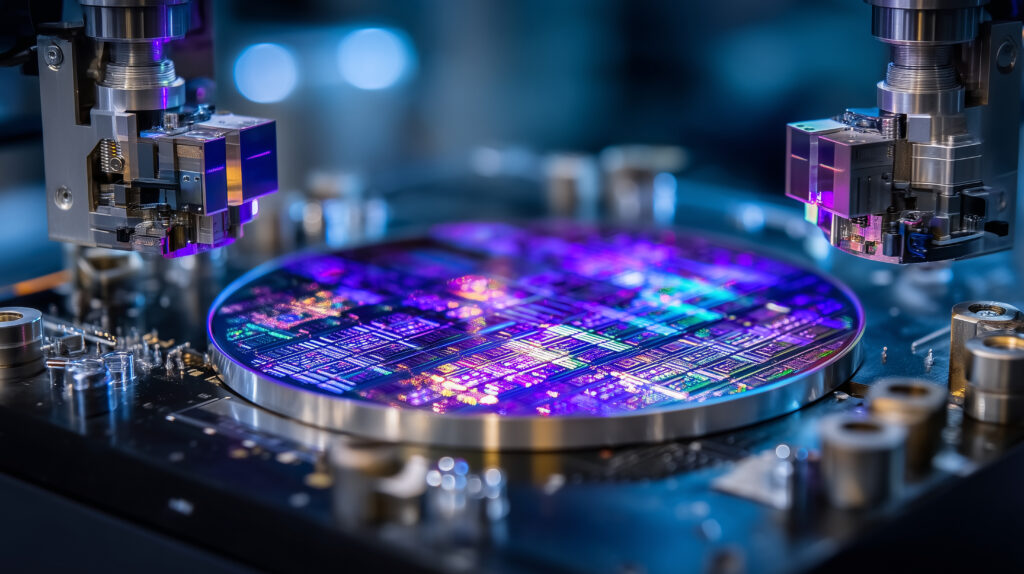 Close-up of a colorful semiconductor wafer being handled by precision robotic tooling in a lab setting under blue and purple lighting.