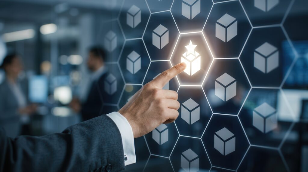 Business differentiation strategy concept showing uniqueness and competitive advantage - SEMICON.TODAY A hand in a suit taps a glowing central hexagon in a futuristic network of hexagons and cube icons.