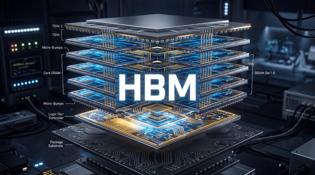 High Bandwidth Memory HBM Stacked Architecture - A Technological Marvel - SEMICON.TODAY Exploded diagram of a High-Bandwidth Memory (HBM) stack with DRAM dies, TSVs and micro-bumps in a server context.