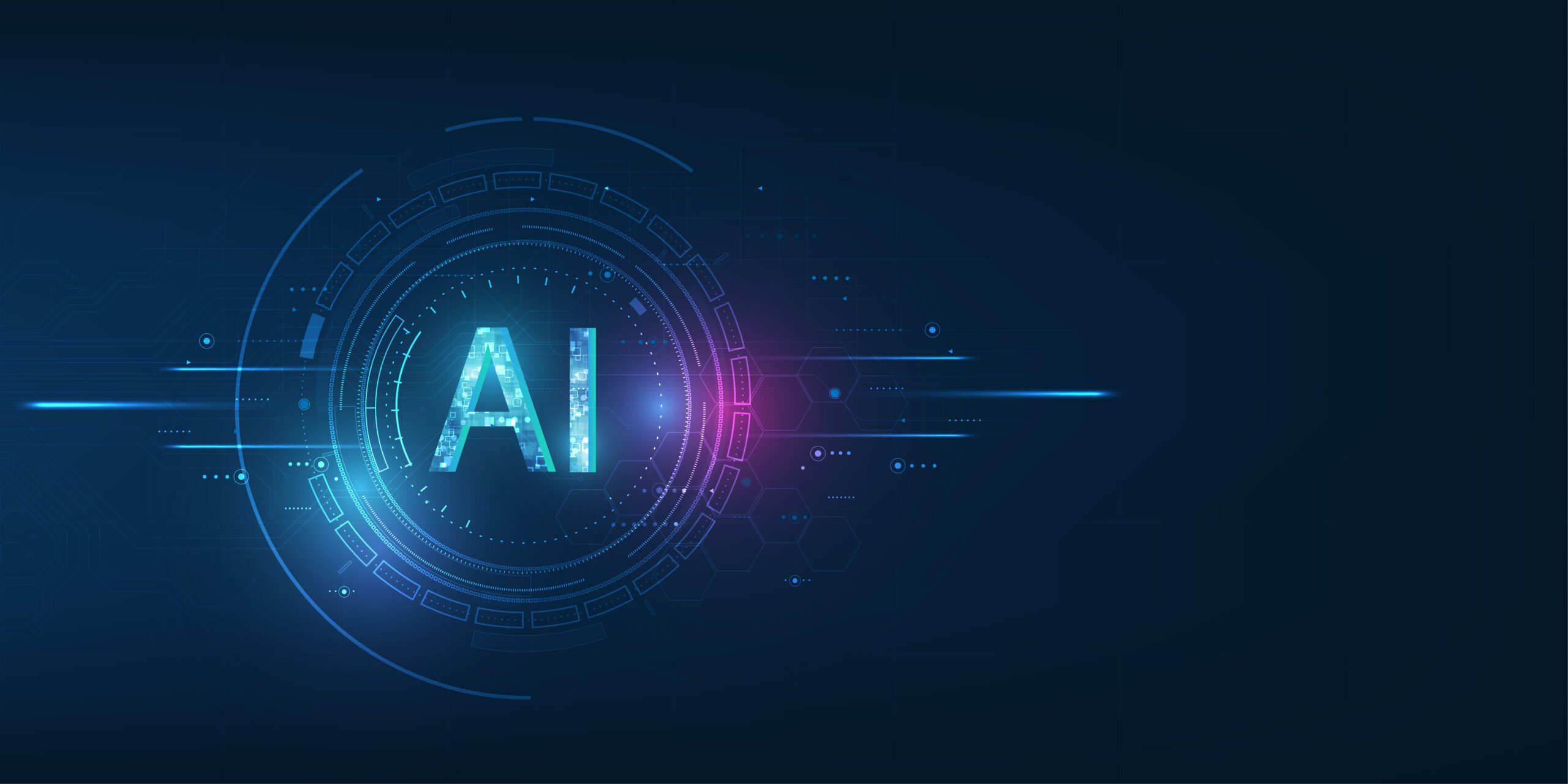 Futuristic blue AI concept art featuring a glowing 'AI' at the center surrounded by circular circuitry and digital lines.