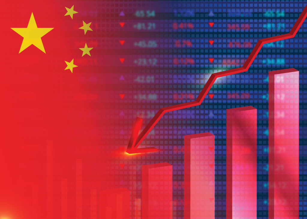 Chinese flag overlaid with a rising red line graph and pink bar chart, depicting China's economic growth visuals.