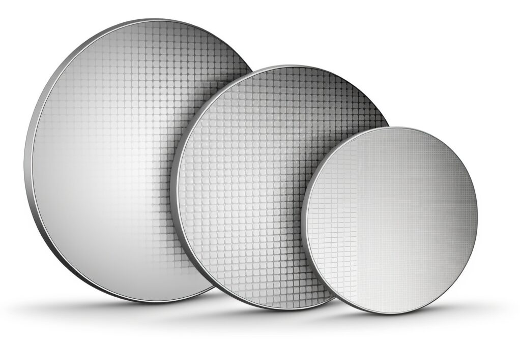 Three overlapping metallic discs with a squared grid texture on a white background, creating an abstract geometric composition.