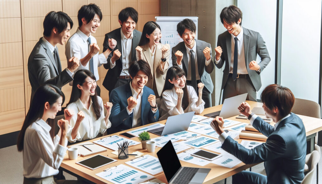 ガッツポーズで売り上げアップを喜びあう日系企業の職場の社員たち - SEMICON.TODAY Group of professionals in business attire cheer and fist-bump around a conference table with charts and laptops in a bright office setting.