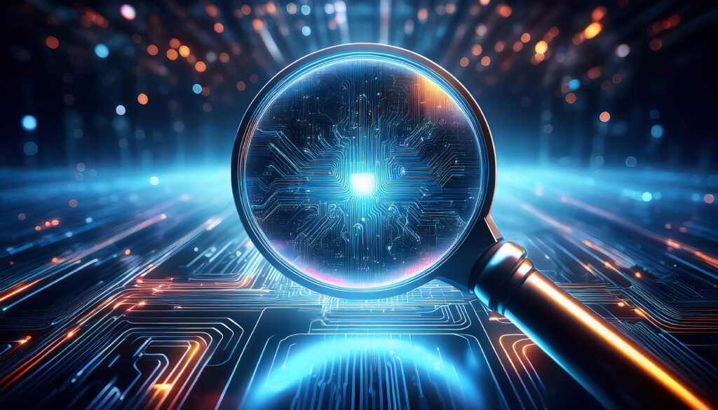 半導体の電子回路を拡大して見る虫眼鏡青く光る電子回路の背景 - SEMICON.TODAY Glowing magnifying glass over a blue circuit board, suggesting tech analysis or debugging to viewers