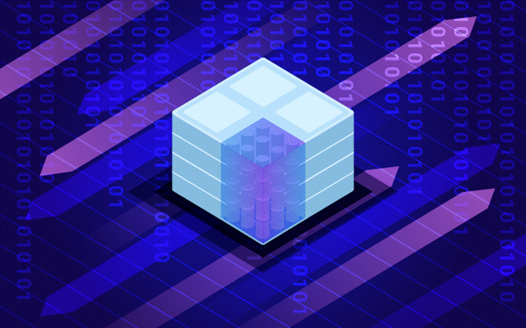 image - SEMICON.TODAY Isometric data cube representing a database or data storage on a neon digital background.