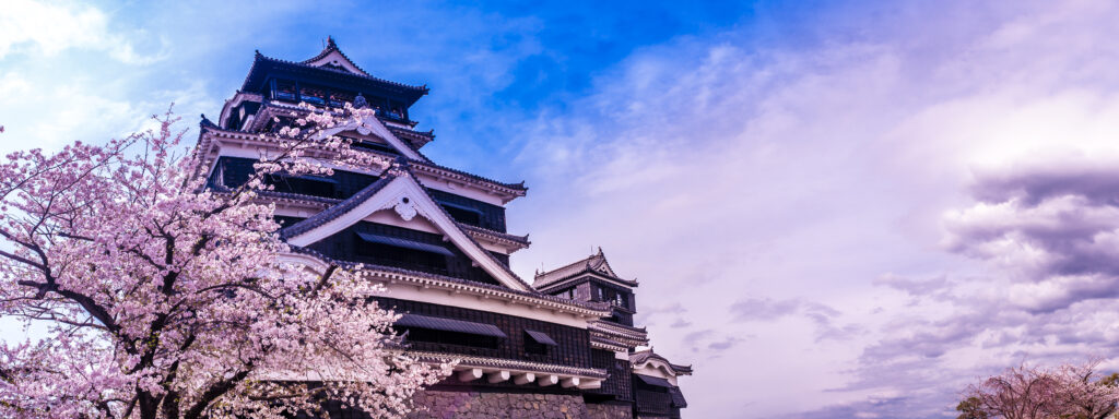 熊本城_2016熊本地震の1週間前に撮影した天守閣 - SEMICON.TODAY Traditional Japanese castle with tiered roofs, framed by blooming cherry blossoms and a blue sky behind it.