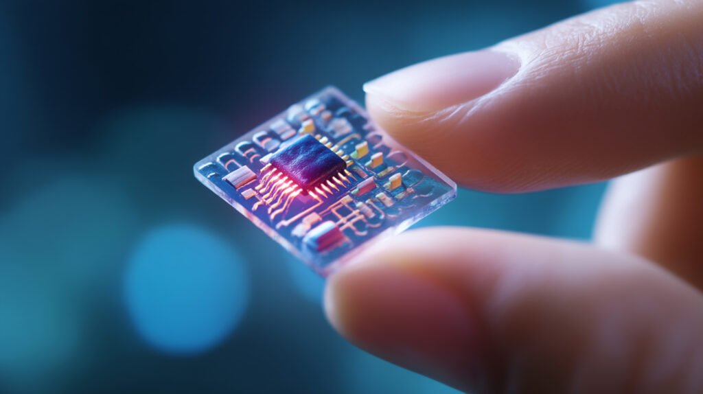Futuristic Microchip Technology Close-Up Advanced Circuit Board Quantum Computing Innovation - SEMICON.TODAY Close-up of a finger holding a small transparent circuit board with a central chip