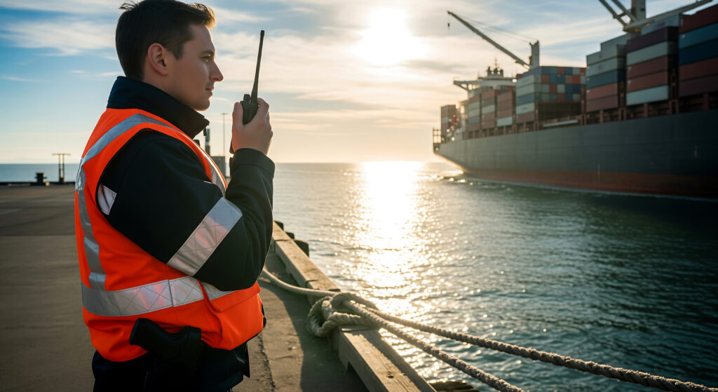 Harbor master in a safety vest communicating via radio with a large container ship approaching the commercial port at sunrise with copy space - SEMICON.TODAY Port worker in an orange safety vest uses a handheld radio at the dock, with a container ship in the water behind him.