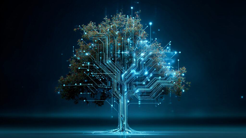 Tree with glowing blue circuitry lines forming its branches against a dark background, conveying tech and nature fusion.