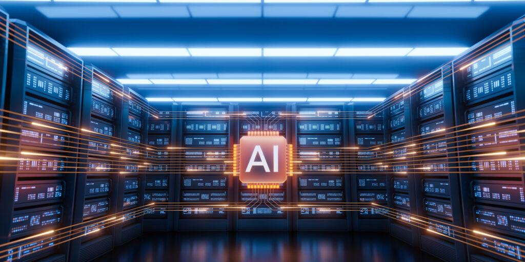 Futuristic AI Server Room with Data Flow and Glowing Chip - SEMICON.TODAY AI chip glowing at the center of a data center, surrounded by rows of server racks and orange data lines sweeping through the room.