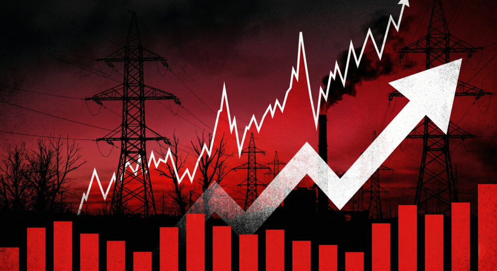 Rising electricity prices graph with power grid pylon silhouettes - SEMICON.TODAY Power line silhouettes against a red-black gradient with a white jagged upward chart and red bar graph, suggesting rising energy costs or prices.