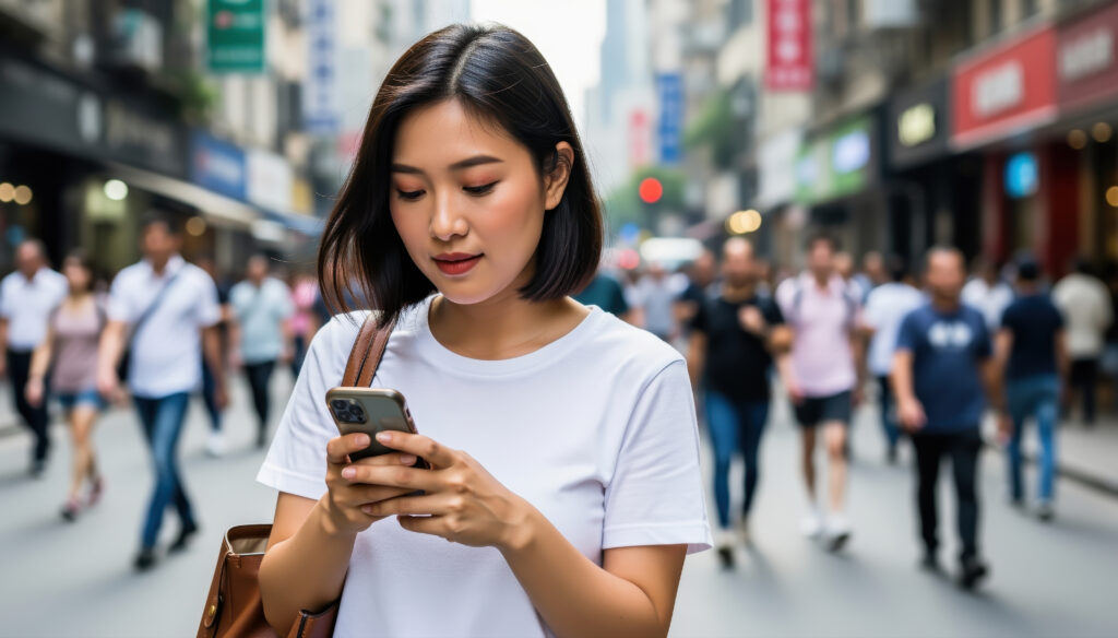 Woman in a white shirt looking down at her smartphone while walking through a busy city street with blurred pedestrians in the background.