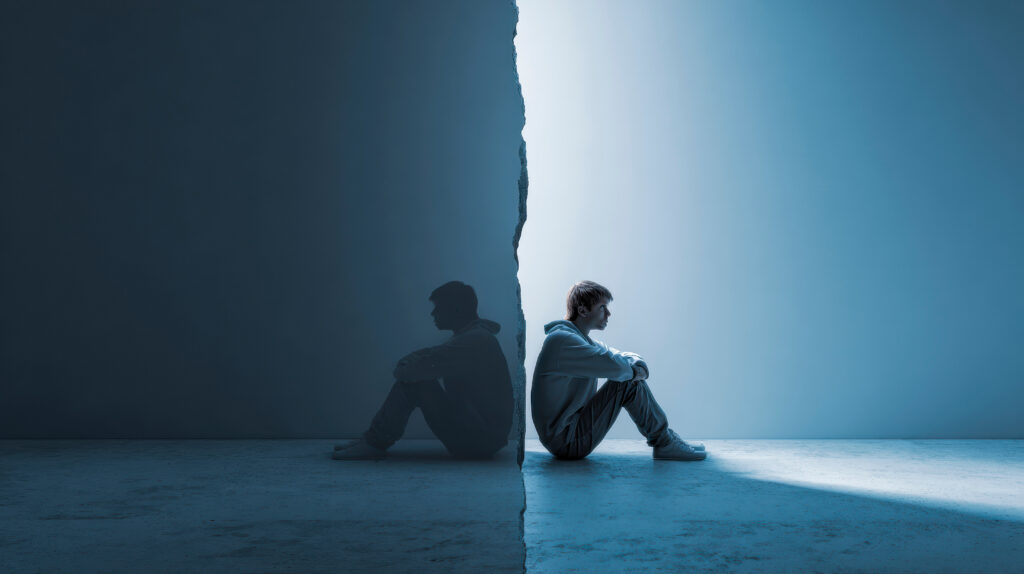 Divided World A solitary figure sits at the dividing line representing a sense of introspection and the struggle with internal conflicts - SEMICON.TODAY Two people sit back-to-back on opposite sides of a jagged dividing wall, in cool blue lighting.