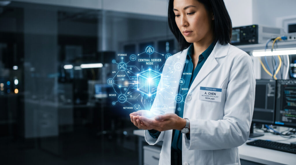 Scientist in a lab coat presenting a blue holographic diagram of a central server and connected networks.