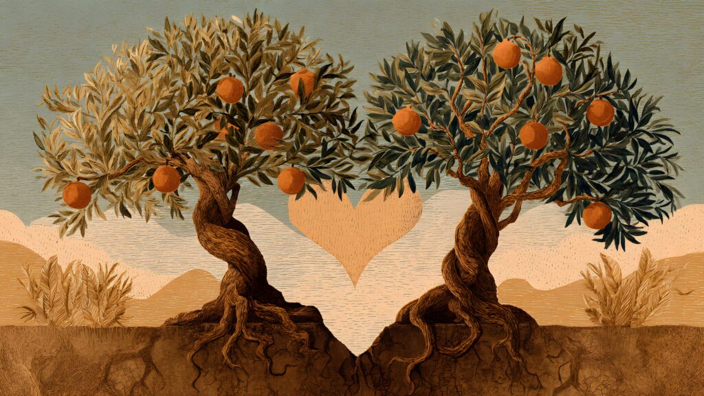 Two orange trees with entwined trunks forming a heart shape between them, bearing fruit on the branches.