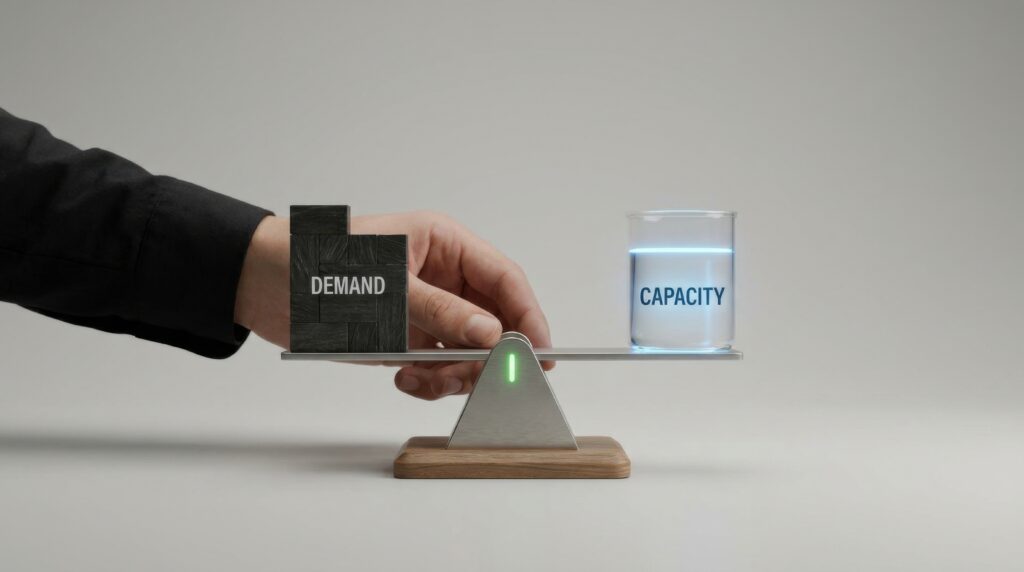 Individual holding a small device to demonstrate the concept of demand capacity balance in technology and resource use - SEMICON.TODAY Hand places black blocks labeled DEMAND on a balance scale opposite a glass labeled CAPACITY with blue liquid, illustrating demand vs capacity.