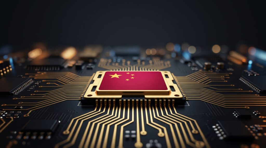 Close-up of a red processor chip with the Chinese flag, mounted on a gold-traced circuit board.