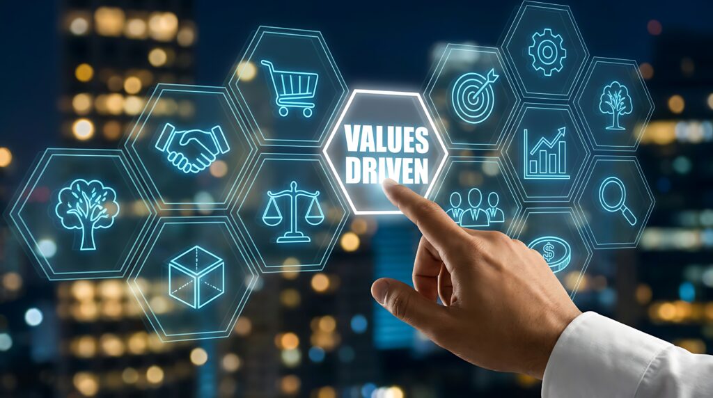 Man finger touching values driven hexagon symbol on futuristic background business concept for integrity ethics mission vision goals success corporate responsibility - SEMICON.TODAY Finger taps a glowing 'VALUES DRIVEN' hexagon amid business icons like cart, scales, handshake, tree, graph, magnifier, and gear—conveying a values-led approach.