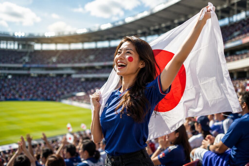 Asian woman fan cheering for Japan in soccer stadium Happy supporter holding national flag during sports tournament match Concept of passion patriotism victory and team spirit - SEMICON.TODAY Young woman at a stadium waving a Japan flag and cheering joyfully.