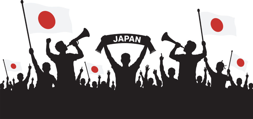 Japan Football Fans Silhouette Crowd with National Flags Vector Illustration - SEMICON.TODAY Silhouetted cheering crowd waving Japanese flags, with a banner reading JAPAN; conveys a celebratory sports crowd scene.