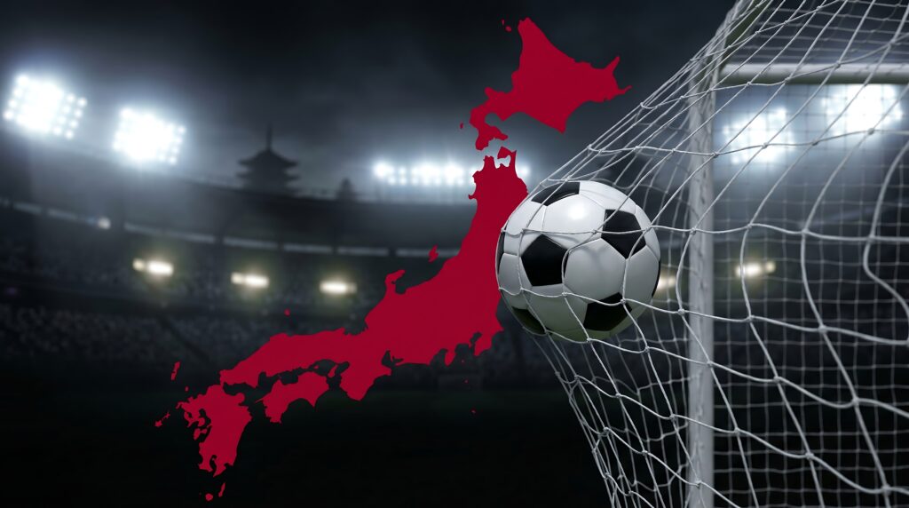 soccer ball in goal with japan map background - SEMICON.TODAY Soccer ball entering the net in a stadium at night, with a red map of Japan overlayed over the scene.