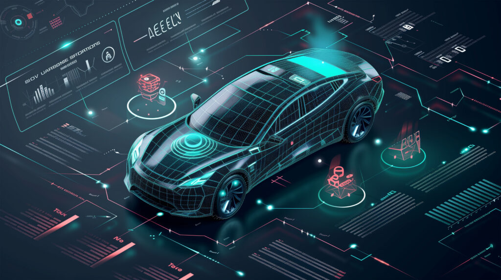 完全自動車載センサーシステムとAIの未来型インフォグラフィック - SEMICON.TODAY Futuristic car with holographic data displays and digital interfaces around it.