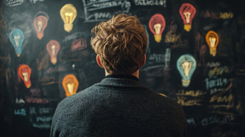 Man gazes at colorful light bulb drawings on a blackboard - SEMICON.TODAY Back view of a person in a dark sweater looking at a chalkboard filled with colorful light-bulb drawings deresigned as brainstorming sketches.