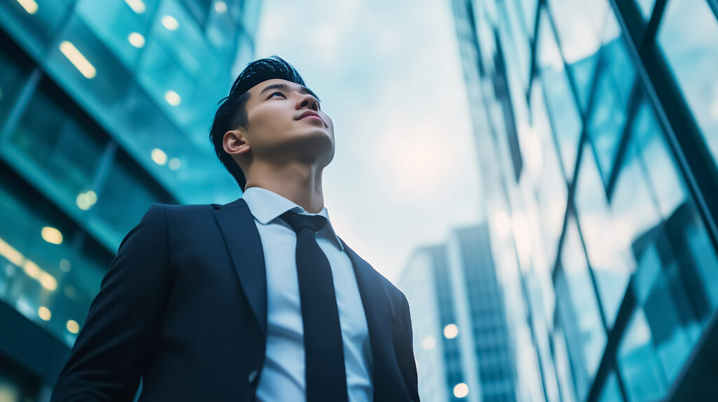 ビルを背景に見上げるビジネスマン - SEMICON.TODAY Young businessman in a suit looking upward beside glass office buildings, suggesting ambition or opportunity.