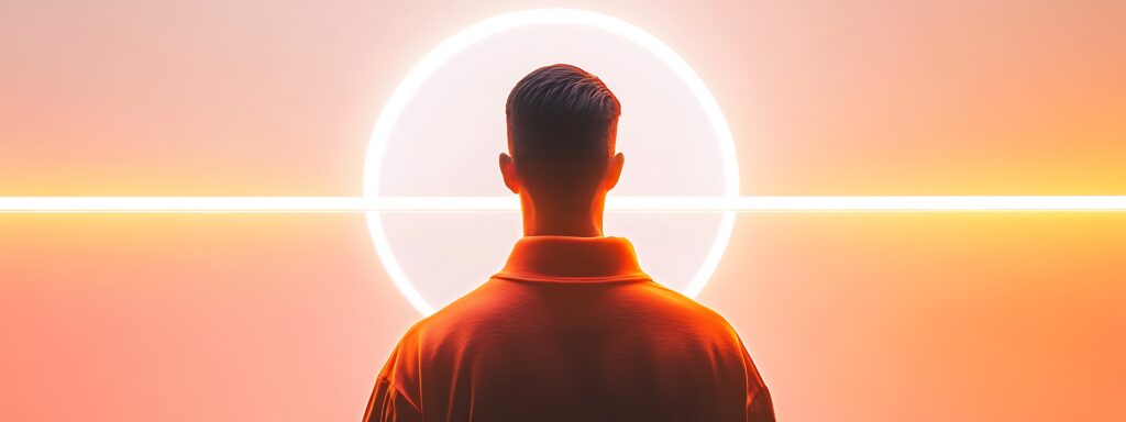 Back view of a person in an orange jacket facing a glowing white circular light with a horizontal neon line across an orange gradient background.