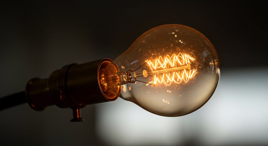 Close-up of a glowing incandescent bulb with visible spiral filament against a dark background, warm orange light.