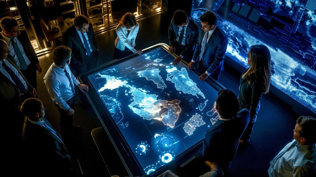 Team of professionals gathered around a large interactive touchscreen table showing a glowing world map and data visuals in a high-tech control room.