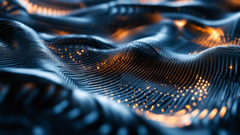 Detailed View of Silicon Carbide Texture in Aerospace Applications - SEMICON.TODAY Abstract blue waves with orange glowing dots suggesting a digital data network backdrop.