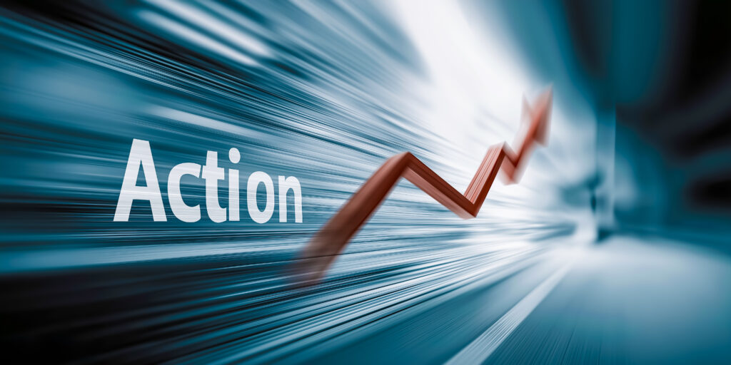 Actionの文字と右肩上がりの矢印で表現するビジネスの急成長 - SEMICON.TODAY 'Action' text with a red upward arrow suggesting growth and momentum against a blue motion-blur background.