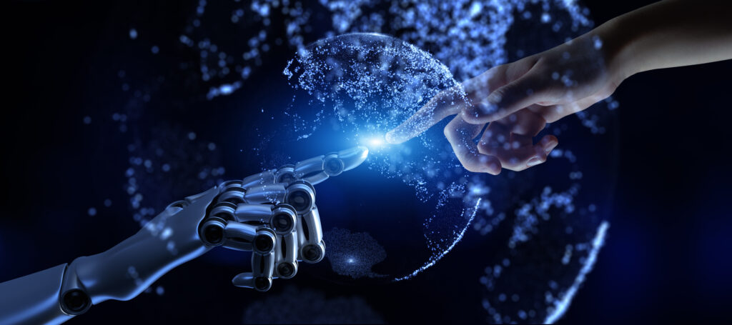 Human and Robotic Hand Connection Symbolizing Digital Transformation and AI Collaboration 3d render - SEMICON.TODAY Robot and human hands reach toward each other, glowing blue light and particles between them, symbolizing collaboration in tech.