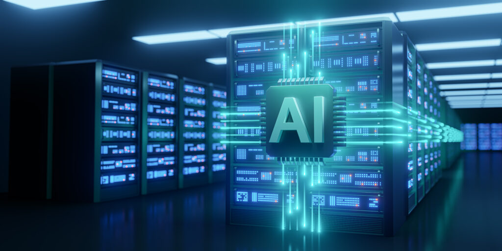 Artificial Intelligence Chip in Modern Data Center - SEMICON.TODAY Futuristic data center with glowing blue server racks and a large AI emblem in the foreground.