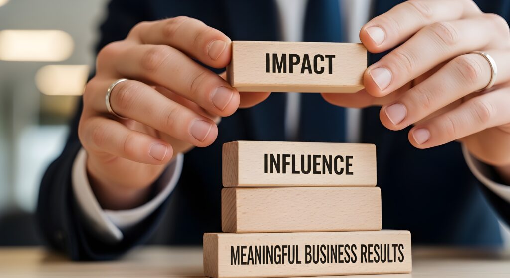 Hands stack wooden blocks spelling IMPACT, INFLUENCE, and MEANINGFUL BUSINESS RESULTS to illustrate outcomes.