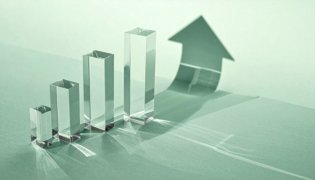 Glass bar chart with four rising transparent prisms and a curved arrow shadow, symbolizing growth.