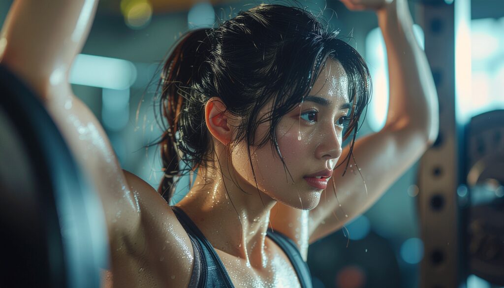 都会的でモダンなジムにてバーベルスクワットで下半身を鍛える筋肉質な女性 - SEMICON.TODAY Woman exercising in a gym, arms raised, with sweat on her face and shoulders, wearing a dark sports top.