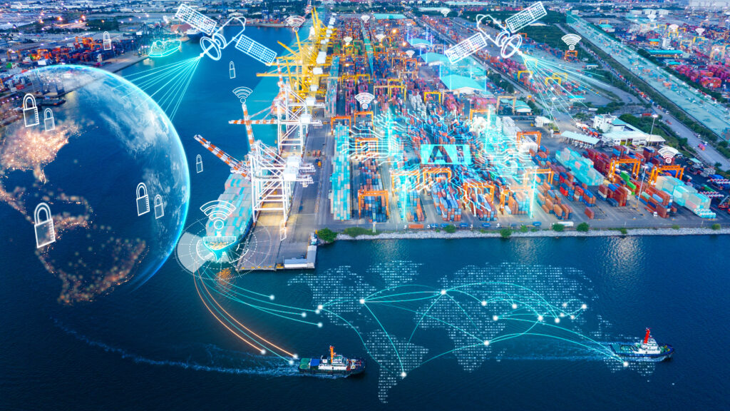 Futuristic container cargo ship terminal AI integrated artificial intelligence digital network systems Conceptual global logistics featuring satellite communication secure data management - SEMICON.TODAY Aerial view of a busy container port with glowing digital network lines and a large Earth globe, symbolizing global connectivity and security.