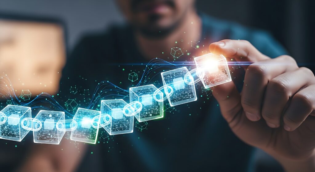 Blockchain technology concept A developers hands add a new block to a holographic chain that glows with each new connection representing immutability - SEMICON.TODAY Hand interacts with a glowing holographic digital interface made of translucent cubes and neon lines.