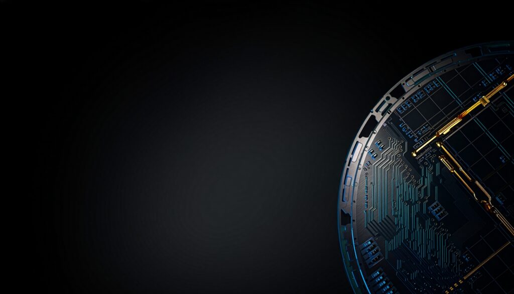 Partial view of a high-tech circular circuit board with blue traces and gold connectors, set against a dark gradient background on the right side.