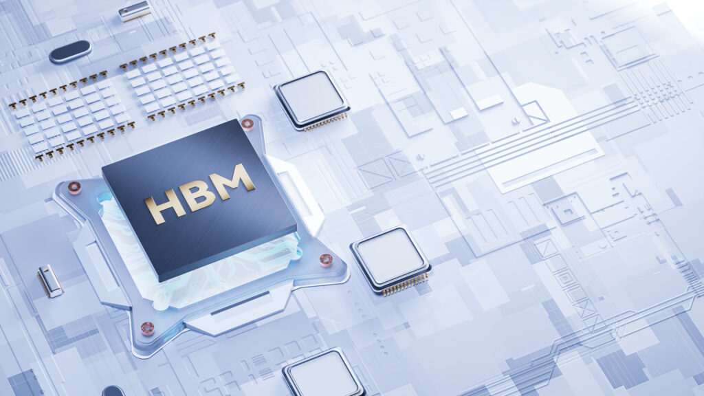 Close-up of a blue computer circuit board featuring a memory chip labeled HBM and surrounding circuitry.