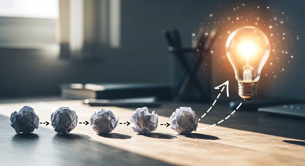 Row of crumpled paper balls on a desk leading to a glowing light bulb, symbolizing idea generation and innovation.