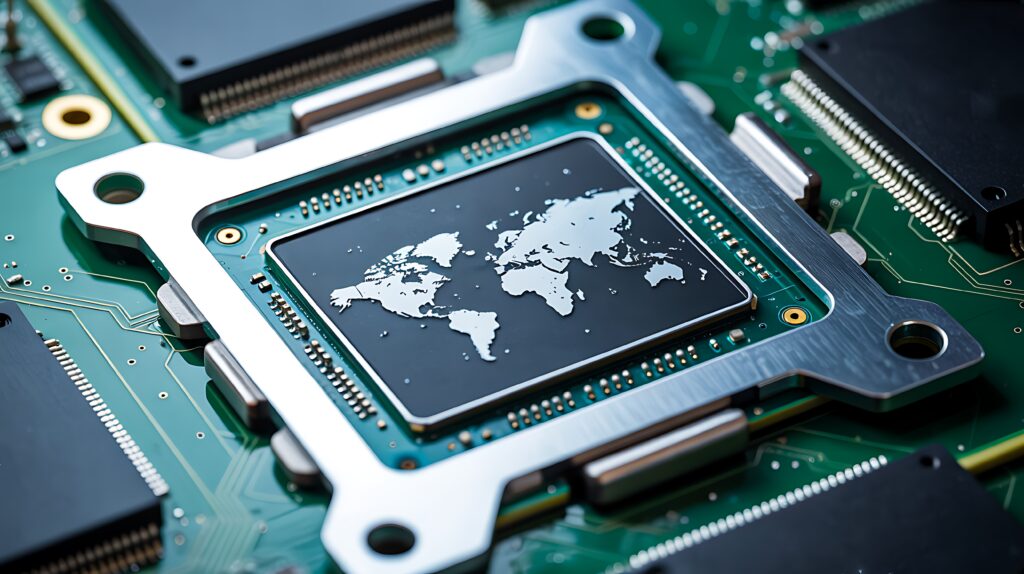 Global technology processor chip with world map on electronic circuit board - SEMICON.TODAY Close-up of a motherboard with a central processor displaying a world map graphic.